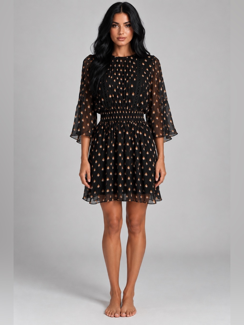 Diane Von Furstenberg Black Mini Dress with Gold Accent and Sheer Bell Sleeves